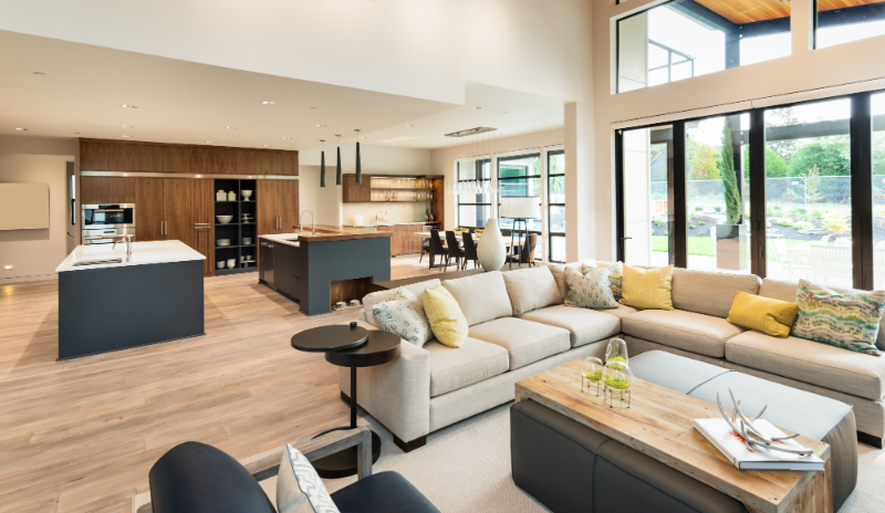 Clean open-plan Hill Country living room and kitchen