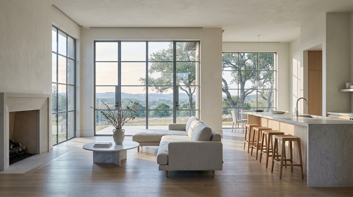Sunlit, immaculately cleaned Texas Hill Country living room and kitchen