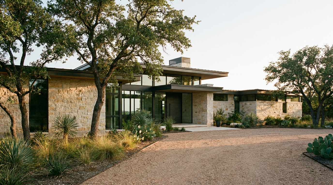 Refined Texas Hill Country new-build home exterior at golden hour