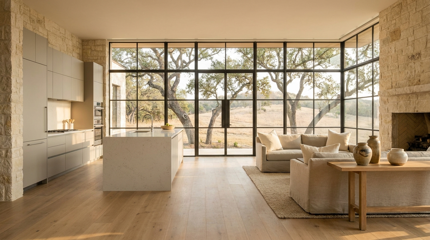 Bright, spotless open-plan Hill Country home interior